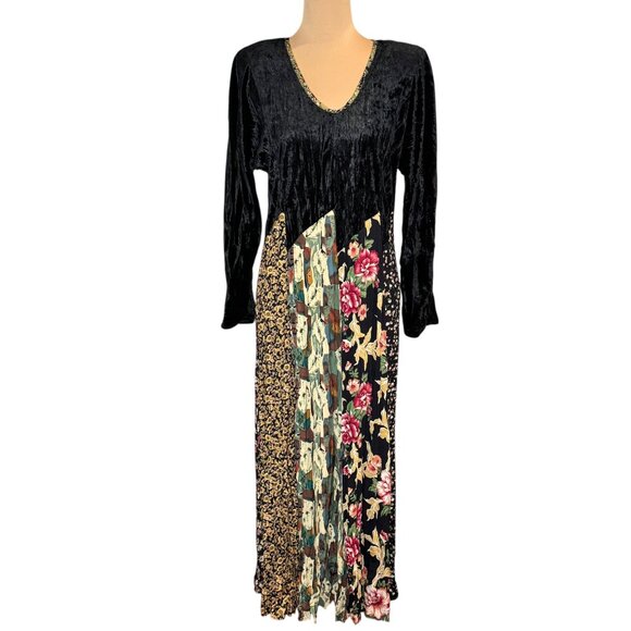 Vintage 90s Whimsigoth Maxi Dress Sz.M Black Velvet Patchwork Witchy Cottage - Picture 1 of 13
